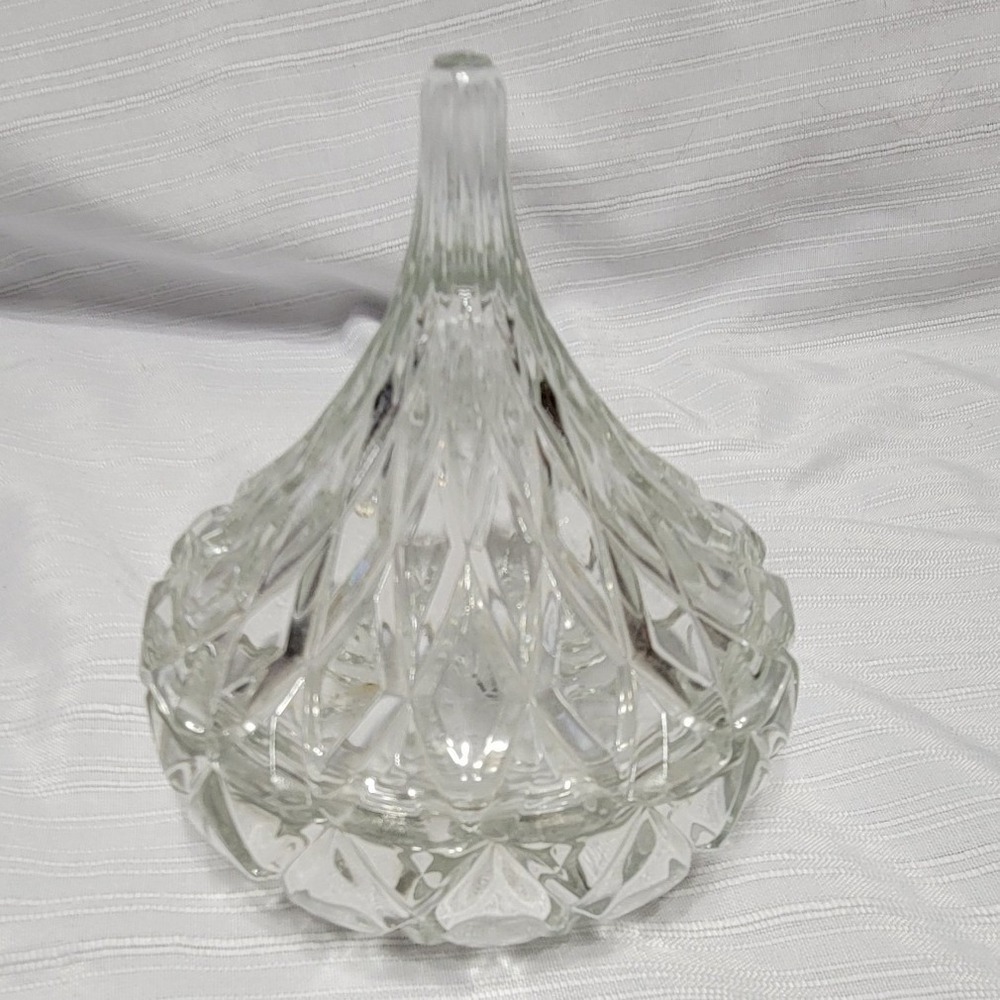 Vintage Clear Cut Glass Hershey Kiss Candy Dish Lidded Trinket Diamond Pattern